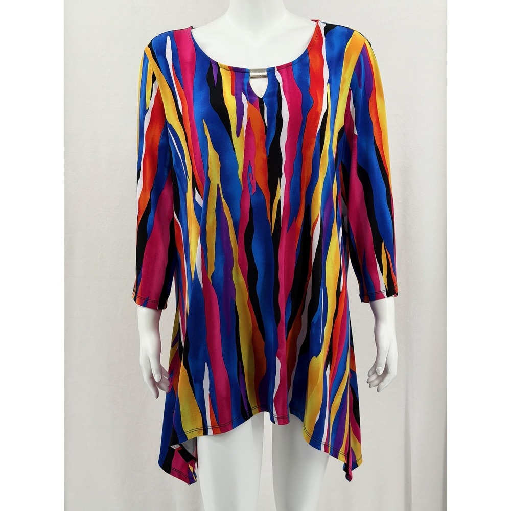 Premise Top Womens 2X Blue Red Stripe Tunic 3/4‎ Sleeve Stretch Asymmetrical Hem